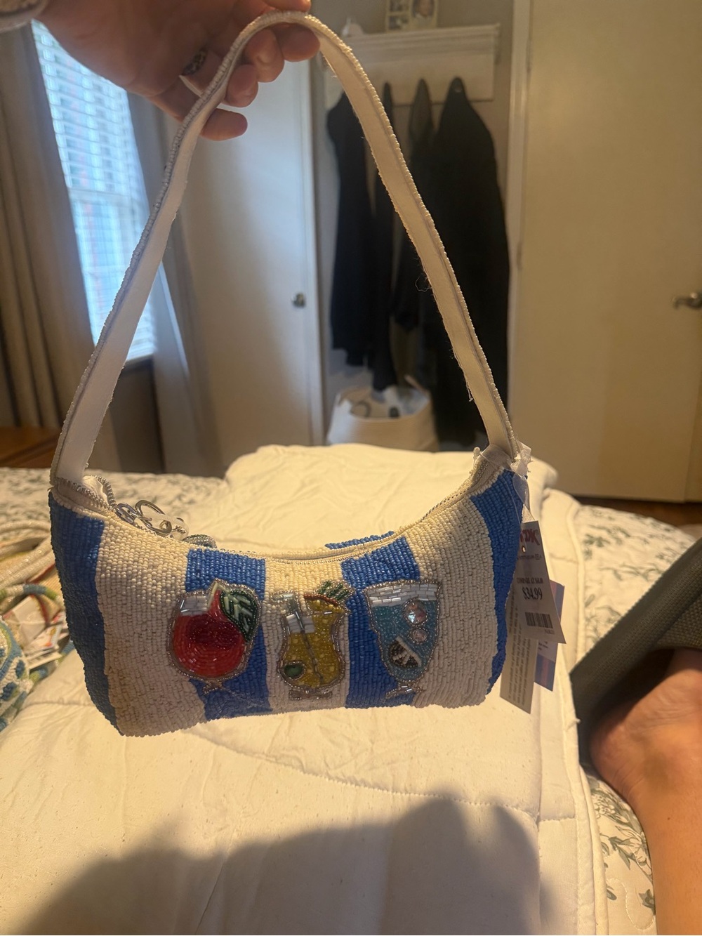 NWT Handcrafted in India Striped Cocktail Glasses Beaded Bag Cruise
